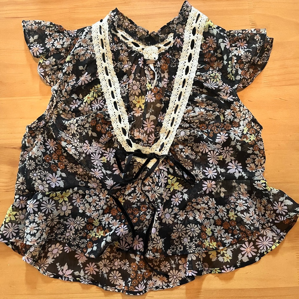 Free People Black Floral Lace Top